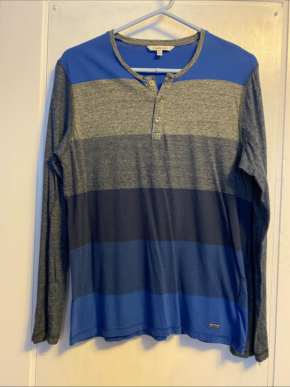 Calvin Klein Men's Long-Sleeve Striped Henley - Blue and Gray